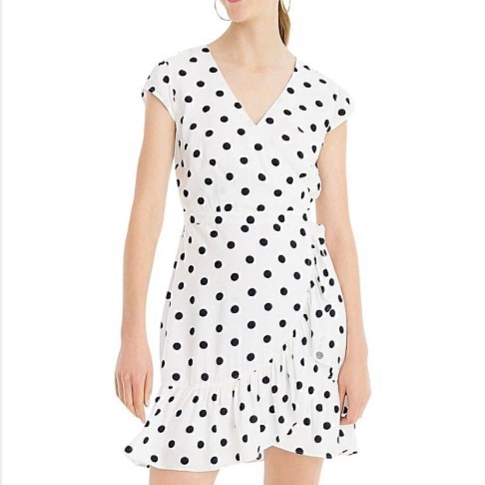 J. Crew White & Black Polka Dot Ruffle Front Dress Size 8 Tall